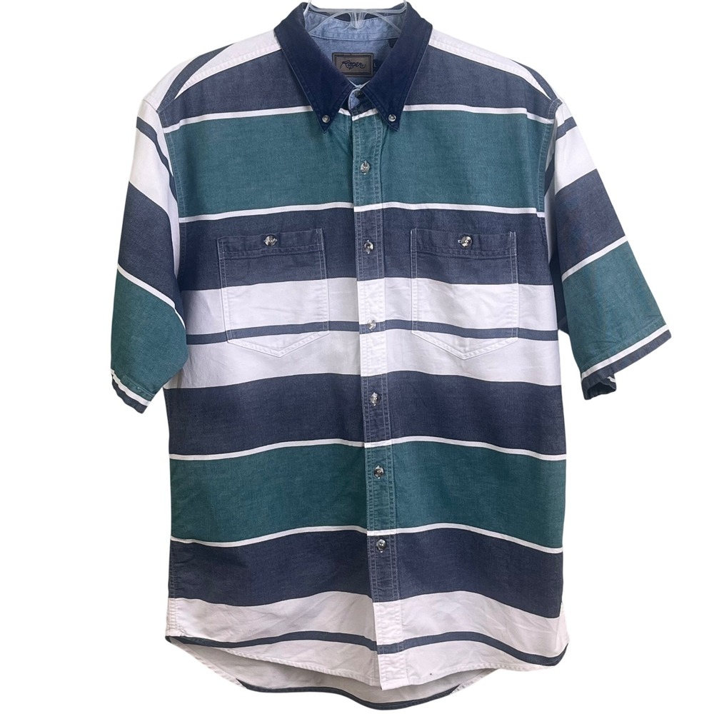 VTG‎ Roper Green Bue Denim Brushpopper Western Short Sleeve Shirt Large Read
